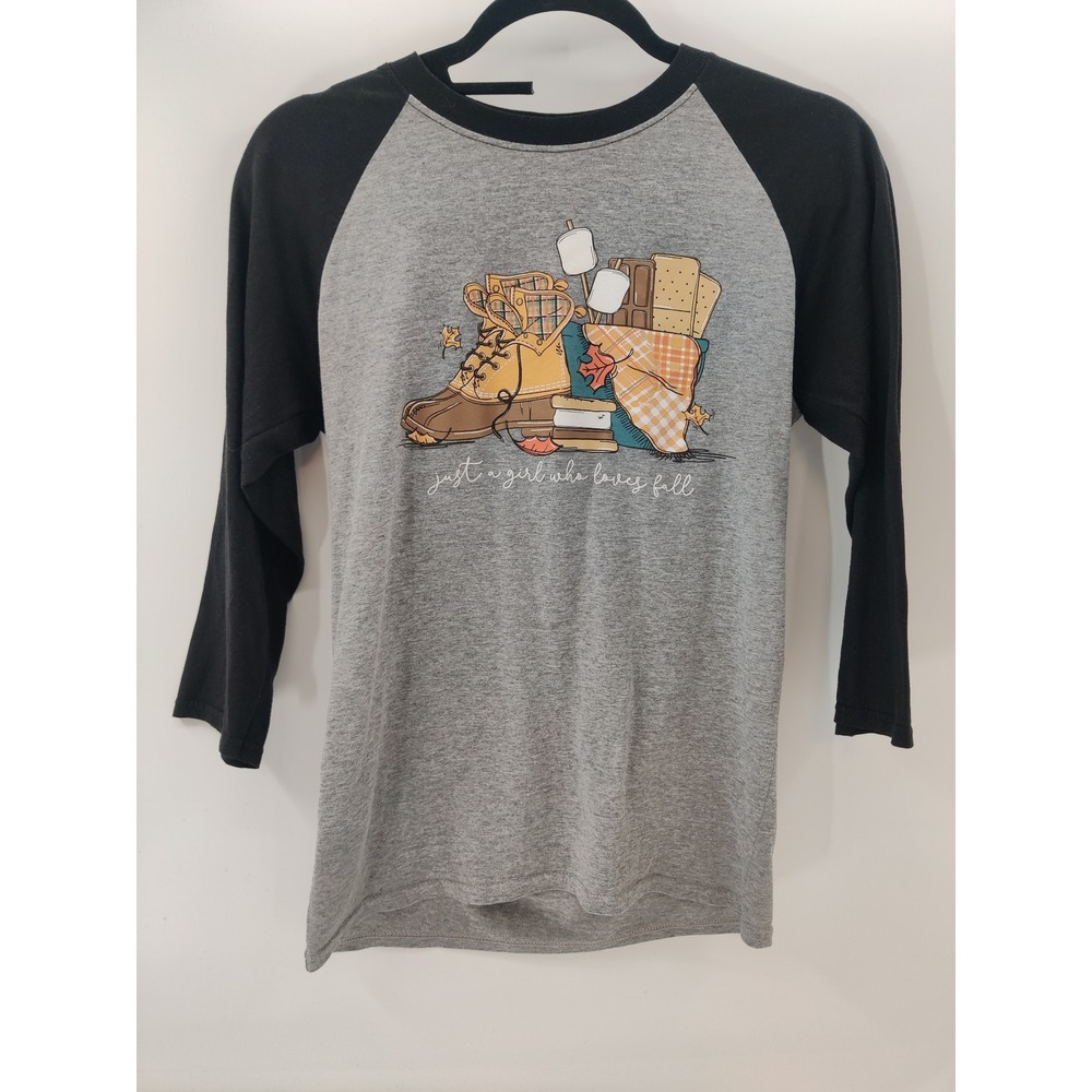Graphic Raglan Baseball Tee Just A Girl Who Loves Fall Autumn Boot Books Small